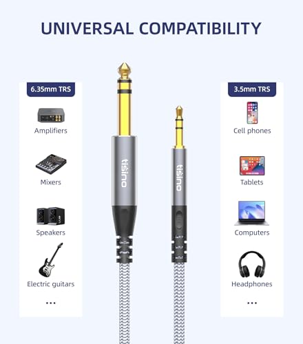 Tisino 1/8 to 1/4 Stereo Cable, 3.5mm to 1/4 Adapter Aux Cord, 10 FT | 3.5mm to 1/4" TRS Aux Cord for Guitar, Keyboard, Laptop, Speaker, Amp, Gold-Plated Shielded Stereo Cable - size: 3m/10ft