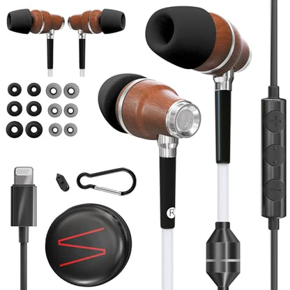 Symphonized Premium Wooden Airtube Headphones (Lightning) - Microphone & Volume Control, EMF Wired Headphones for iPhone 14, 13, 12, 11, or Lower, Wired Earbuds Lightning, Corded Earphones with Mic - style: Lightning (iPhone 5 to 14)