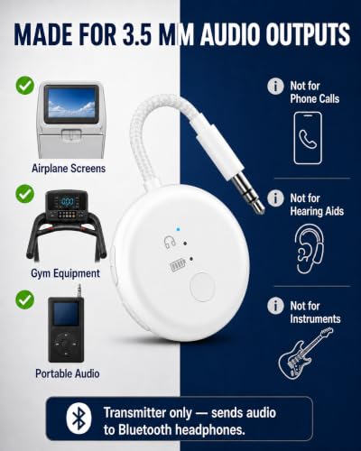 Avantree SoundJet R1 - Airplane Bluetooth Adapter for AirPods, 25H | Qualcomm aptX Adaptive & HD, dual-headphone pairing, 25-hour battery, USB-C charging, and single/dual airline plugs - color: 1. White