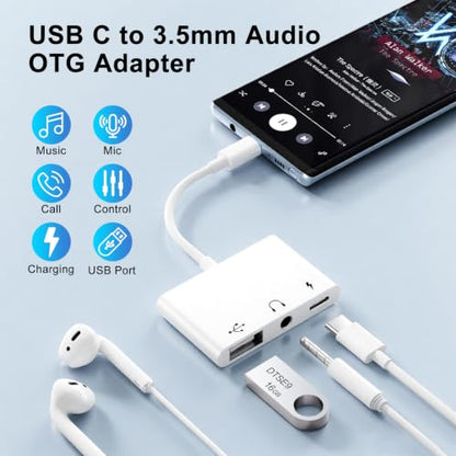 USB C to 3.5mm Audio OTG Adapter with 60W PD Fast Charging | 3 in 1 USB C headphone Splitter for iPhone 17/16/15 Sam-sung Galaxy S25/S24/S23 Ultra S21/S20 iPad Pro Laptops