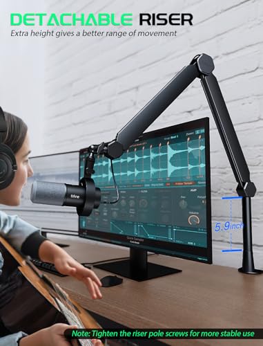 FIFINE BM66T Microphone Boom Arm with Extension Tube for Podcast Recording | Fully Adjustable Metal-Built Mic Stand, Cable Management Channels, Desk Clamp, Thread Adapter for Streaming Gaming - size: BM66T Black（With Extension Tube)