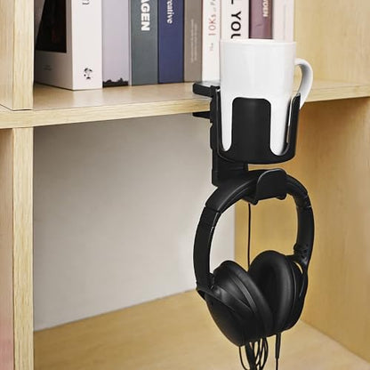 GEEKRIA 2 in 1 Headphone Hanger&Desk Cup Holder, Under Desk Clamp Rotatable Headset Compatible with Sennheiser, Bose, Beats, Razer, HyperX, Sony, Suitable for Coffee Mugs, Water Cups (Black) - color: Black