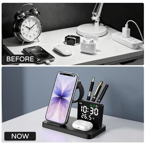5 in 1 Wireless Charging Station with Alarm Clock Pen Holder, Fast Wireless Charger for iPhone 17/16/15/14/13/12/Pro/Max/Air, for iWatch & AirPods, Charger Stand with Temperature, Snooze Model Black - color: BLACK