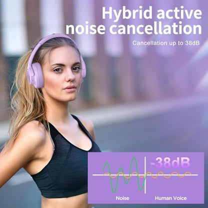 Hybrid Active Noise Cancelling Headphones 130H Wireless Over Ear Headphones | Bluetooth, Hi-Res Sound, Deep Bass, Spatial Audio, Dual Connection, Custom EQ via App, Comfortable Fit for Travel Home Office - color: Purple