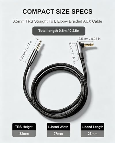 3.5 to 3.5mm TRS Aux Cable, 90 Degree for Headphone, 1.96FT | 3.5mm Stereo Audio Cable, Hi-Fi Sound Portable TRS Auxiliary Cable for Car for Stereos, Speaker Smartphone Nylon Braided