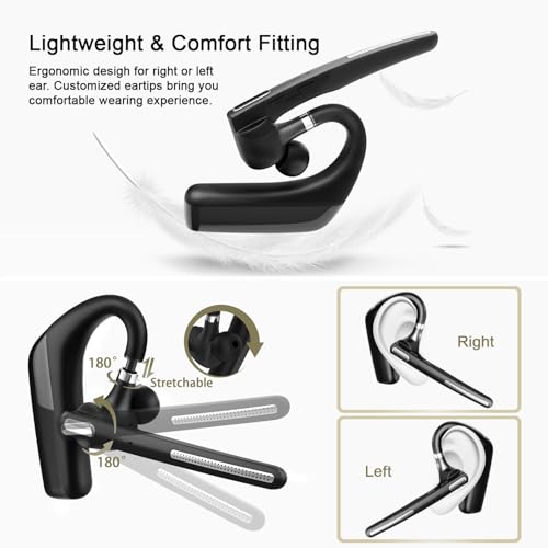 Bluetooth Headset, Wireless V5.4 Bluetooth Earpiece with Dual Noise Cancellation Mic with iPhone and Android, 110H Talktime Hands-Free Headphone for Trucker/Business/Office (Black)