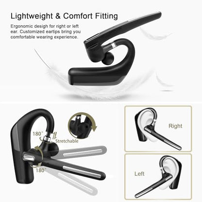 Bluetooth Headset, Wireless V5.4 Bluetooth Earpiece with Dual Noise Cancellation Mic with iPhone and Android, 110H Talktime Hands-Free Headphone for Trucker/Business/Office (Black)