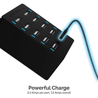 SABRENT 60W 10-Port USB Charging Station, Auto-Detect (AX-TPCS) | 12A family-sized desktop rapid charger; smart auto-detect USB ports; UL certified; black; usb power strip; usb charging hub - size: 10-Port