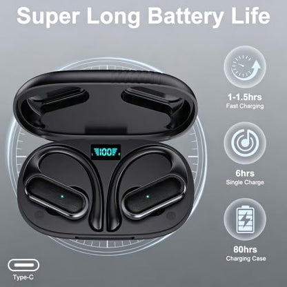 Wireless Sports Earbuds with Ear Hooks & 80H Playtime | IPX7 Waterproof, Bluetooth 5.4, LED Digital Display, 10mm Bass Drivers, Secure Fit Workout Earphones for Fitness & Gym