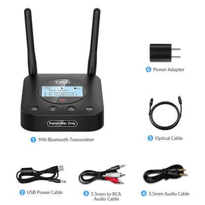 1Mii B06TX+ Bluetooth 5.3 Transmitter for TV to 2 Wireless Headphones | Bluetooth Audio Adapter with Screen, Volume Control, aptX Adaptive/Low Latency/HD, Optical/Coaxial/3.5mm AUX/RCA Inputs - color: black