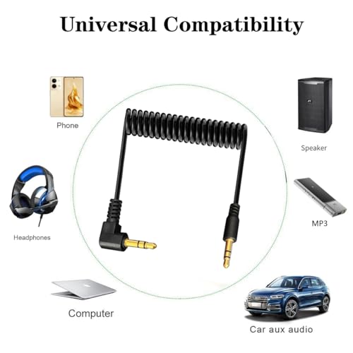 Coiled 90 Degree 3.5mm Stereo Audio Cable (1 Meter) | 3Pole Right Angle 1/8" TRS Male to Male Aux Extension Cord for Smartphone,Tablets,MP3,Headphones,DJ,Car,Home Stereo,Camera - style: Male 90Deg To Male