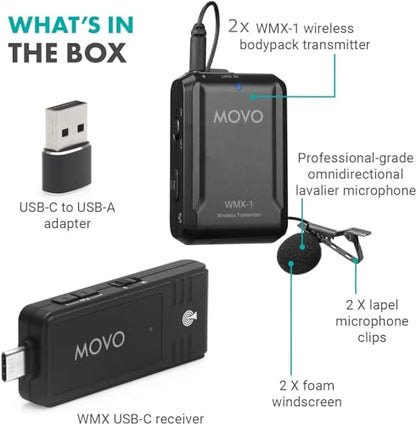 Movo WMX-1-UL-DUO Wireless Lavalier Microphone for Computer, Smartphones, and Tablets- Wireless USB & USB-C Receiver, Transmitter, and Omnidirectional Lav Mic - style: 2 Transmitters