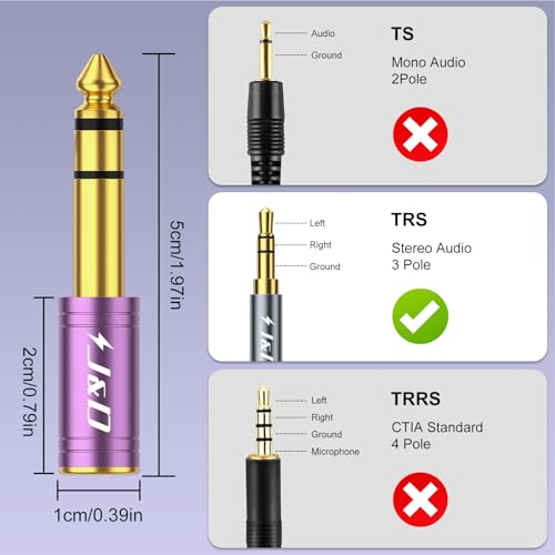 J&D 5-Pack 1/4 to 1/8 Headphone Adapter, 6.35 mm to 3.5 mm Stereo TRS Male to Female, Gold-Plated 3.5mm Plug Jack Connector for Guitar, Amp, Keyboard, Bass, Purple - color: Purple