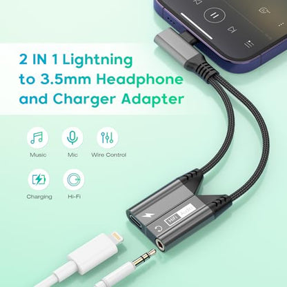 Right Angle Magnetic 2-IN-1 Lightning to 3.5mm Audio Jack Headphone and Charge Cable Adapter for iPhone,90 Degree Earphone Converter Splitter Support Music+Charge+HiFi+Mic for iPhone14 13 12 11