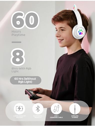 Bluetooth Headphones Wireless Cat Ear 60H/8H with LED Light Mic White | Adjustable Headband Foldable Over-Ear Headset for Kids/Tablet/iPad/Laptop,HD Stereo Sound,Aux Aux 3.5mm - color: White