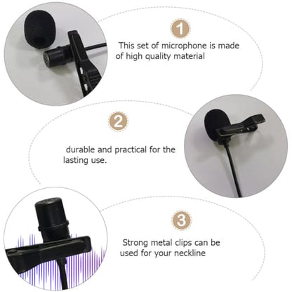 Lapel Clip Microphone Kit with Clip-On Mic, 2M Long Wire Recording Microphone Set, ABS Plastic Collar Lavalier Mic for Interview and Hands-Free Use with PU Leather Pouch and 3.5Mm
