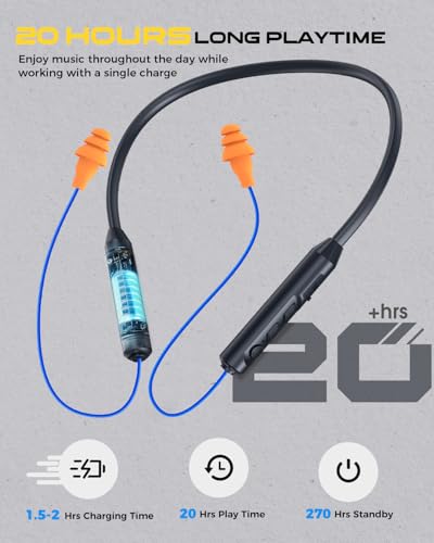 MIPEACE Bluetooth Earplug Headphones, Neckband Wireless Earbuds earplugs-29db Noise Reduction isolating in-Ear earplug Earphones and Controls,IPX6 sweatproof,20+Hour Battery(Blue Orange) - color: Blue & Orange