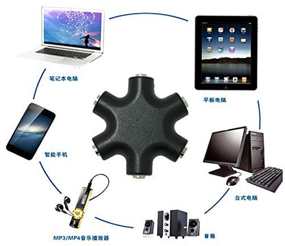 5-Way Multi Headphone Audio Splitter Connector Headphone, 3.5mm Audio Stereo Splitter Cable 1 Male to 5 Port Female Earphone Headset Adapter Compatible with iPhone, Samsung,