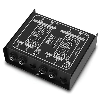 PYLE-PRO Premium Direct Injection Audio Box - Passive DI Unit Hum Eliminator w/ Input Attenuator to Connect Guitar & Bass - 1/4 Inch Impedance Transformer Connector to Balanced & Unbalanced XLR-PDC22 , Black