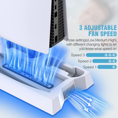 Stand for PS5 Consoles Models, Pa5 Cooling Station for Original with 2 Controller Charging Station, 3 Level Quiet Cooling Fan - color: Red