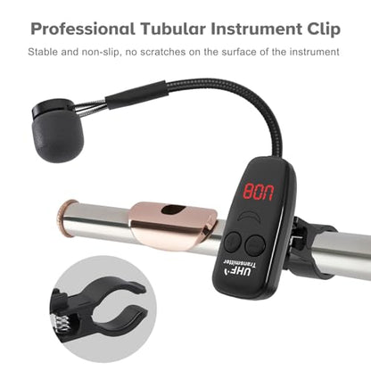 Wireless Microphone,UHF Wind Instrument Clip Microphones for Flute | Rechargeable Receiver and Transmitter Mic System, 130ft Range with Digital Screen, Great for Flute Piccolo Clarinet - color: Black4
