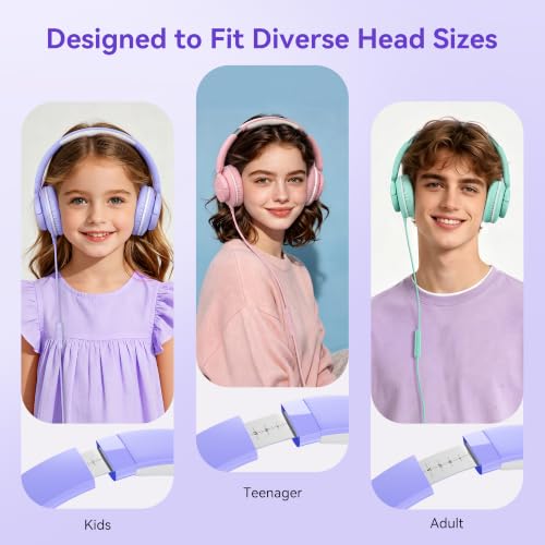 KVIDIO Wired Headphones with Mic, 3.5mm Plug Headphones for School Purple - color: Purple White