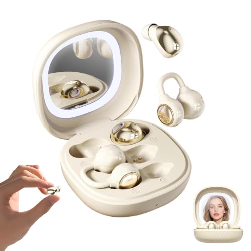 Wireless Clip-On Open Earbuds, Butterfly Earring Bluetooth Headphones with Heart-Shaped Charging Case & Makeup Mirror, 42H Playtime, Lightweight Earphones for Women, Sports, Gifts - color: Beige