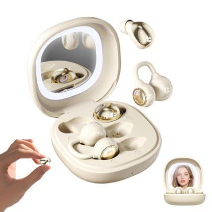 Wireless Clip-On Open Earbuds, Butterfly Earring Bluetooth Headphones with Heart-Shaped Charging Case & Makeup Mirror, 42H Playtime, Lightweight Earphones for Women, Sports, Gifts - color: Beige