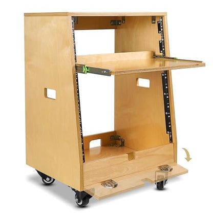 Sound Town DIY Slanted 12U Studio Rack (4U Top + 8U Lower), with 2U Bottom Storage, Slide-Out Tray, Caster, Plywood, Golden Oak for Recording Room, Home Studio (SDRK-ST12T) - size: 12U(4U Top + 8U Lower),Golden Oak