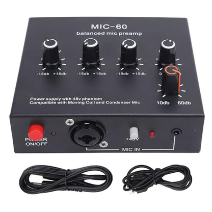 Balanced Microphone Preamp, 48V Power Mic Gain Booster with XLR/6.35mm/3.5mm Input Output for Dynamic and Condenser Mic, 60dB Gain, Low Noise, for Vocal Recording Podcast L