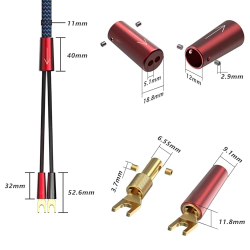 Preffair 1 Pair HiFi Speaker Cable 13AWG/2.6mm2 OFC Copper Shielded Speaker Wires with Gold Plated Y Spade Plugs Bradided Sleeves Protection for Speaker, Amplifier (Blue-Black, 10 feet) - color: Blue-Black, size: 10 feet