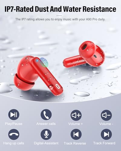 Wireless Earbuds, Bluetooth 5.4 Headphones Bass Stereo/Clear Calls, Red | Ear Buds with Noise Cancelling Mic LED Display in Ear Earphones IP7 Waterproof 36H Bluetooth Earbuds for Phones/Sport/Laptop - color: Red