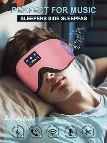 LC-dolida Sleep Headphones, Sleep Mask Bluetooth Wireless Music Eye Mask, Sleeping Headphones for Side Sleepers Sleep Mask with Bluetooth Headphones Ultra-Thin Stereo Speakers Perfect for Sleeping - color: Pink 3d