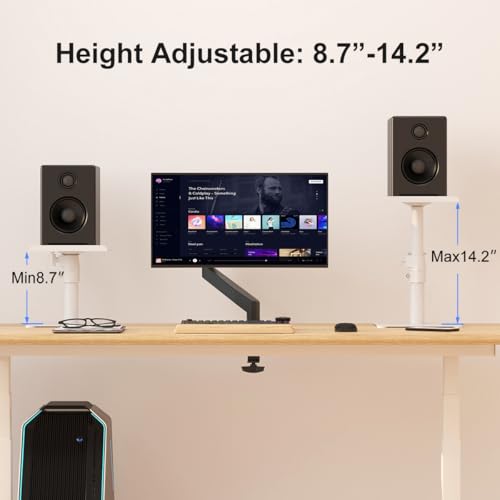 Suptek Free-Standing Speaker Stand Desktop Set, 9.6 x 8.8 inch Trays, Height Adjustment and Tilt, Universal Audio Holders for Computer and Bookshelf Speakers, Elevated Sound, 2 Pack, White, SDM001TW - color: White, size: 9.6" x 8.8" x 14.2"