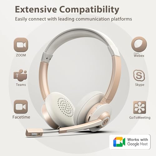 Wireless Headset, Bluetooth Headset with Microphone AI Noise Canceling & USB Dongle, On-Ear Wireless Headphones with Mic Mute & Charge Dock for Work Computer Phone Office Call Meeting