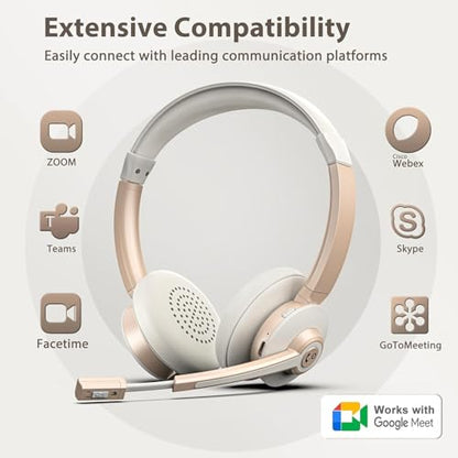 Wireless Headset, Bluetooth Headset with Microphone AI Noise Canceling & USB Dongle, On-Ear Wireless Headphones with Mic Mute & Charge Dock for Work Computer Phone Office Call Meeting
