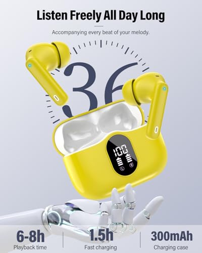 Wireless Earbuds, Bluetooth 5.4 Headphones Bass Stereo, Ear Buds with Noise Cancelling Mic, IP7 Waterproof in Ear Earphones, 36H LED Display Bluetooth Earbuds for Laptop Pad Phones, Golden Yellow | Ear Buds with Noise Cancelling Mic LED Display, 36H, IP7