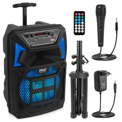 Pyle Portable Bluetooth PA Speaker System - 400W Outdoor Bluetooth Speaker Portable PA System w/Microphone in, Party Lights, MP3/USB SD Card Reader, FM Radio, Rolling Wheels - Mic, Remote - PPHP82SM