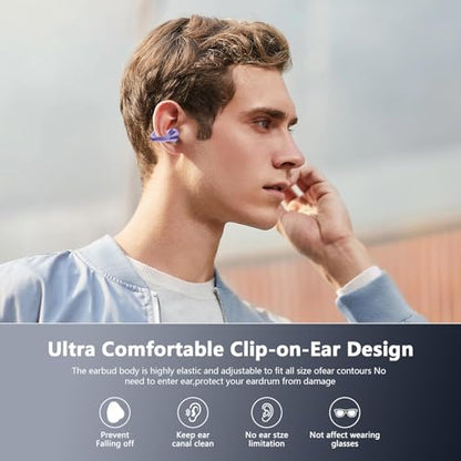 Ultra Open Ear Headphones Bluetooth 5.3 Wireless Bone Conduction Clip On Earbuds with Digital Display Charging Case 60 Hours Playtime Sport Earphones IPX7 Waterproof for Running Fitness Purple