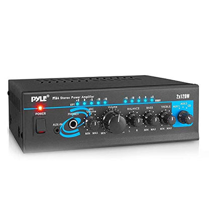 Home Audio Power Amplifier System - 2X120W Mini Dual Channel Mixer Sound Stereo Receiver Box w/ RCA, AUX, Mic Input - For Amplified Speakers, PA, CD Player, Theater, Studio Use - Pyle PTA4 Black