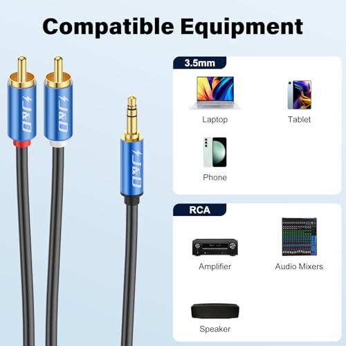 J&D 3.5mm Male to 2 RCA Phono Male Stereo Audio Cable, Aluminum Alloy Shell Gold-Plated RCA Audio Adapter Aux Cable, Blue, 1 Feet - color: Blue, size: 1 Feet