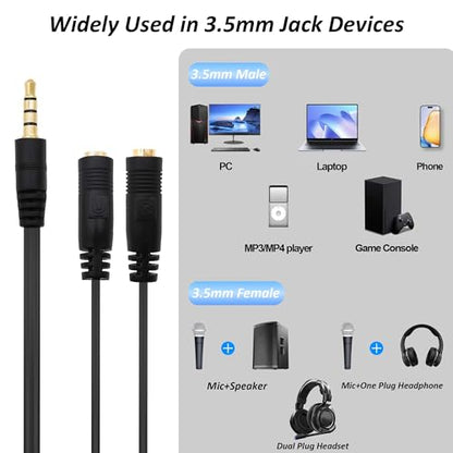3.5mm TRRS Headphone Splitter Y Cable Adapter 20cm | 1/8 inch 3.5mm 1 Male to 2 Female,Stereo Mic Audio Extension Cable, for Phones Tablets Game Console,2pcs