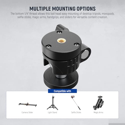 NEEWER Basics Mini Ball Head, Portable Tripod Head Camera Mount Adapter | 1/4" Screw, for Compact DSLR, Action Cam, Phone, LED Ring Light Monopod, Slider, 4.4lb Max Load, 360° Swivel, 90° Tilt, GM01 - style: GM01