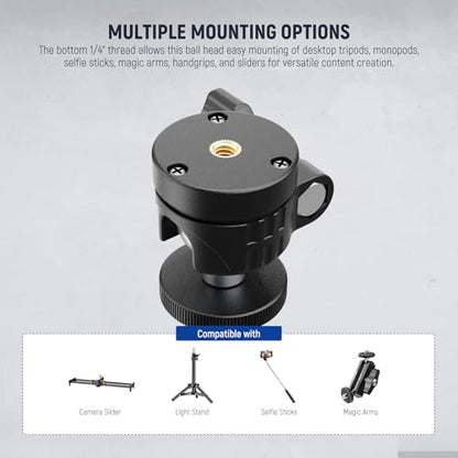 NEEWER Basics Mini Ball Head, Portable Tripod Head Camera Mount Adapter | 1/4" Screw, for Compact DSLR, Action Cam, Phone, LED Ring Light Monopod, Slider, 4.4lb Max Load, 360° Swivel, 90° Tilt, GM01 - style: GM01