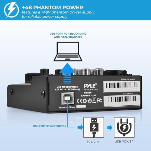 3 Channel Bluetooth Audio Mixer - DJ Sound Controller Interface with USB Soundcard for PC Recording, XLR, 3.5mm Microphone Jack, 18V Power, RCA Input/Output for Professional and Beginners - PAD30MXUBT - style: 3 Channel Bluetooth