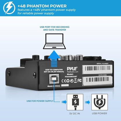3 Channel Bluetooth Audio Mixer - DJ Sound Controller Interface with USB Soundcard for PC Recording, XLR, 3.5mm Microphone Jack, 18V Power, RCA Input/Output for Professional and Beginners - PAD30MXUBT - style: 3 Channel Bluetooth