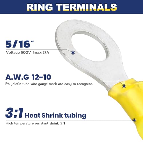 haisstronica 100PCS Heat Shrink Ring Terminals, 12-10 AWG, 5/16 in, Yellow | Battery and Ground Stud Connections, 1.0 mm Copper Barrel, 3:1 Adhesive-Lined Seal, Automotive Wiring Repairs, Ring Connector - color: Yellow, size: Ring 5/16"