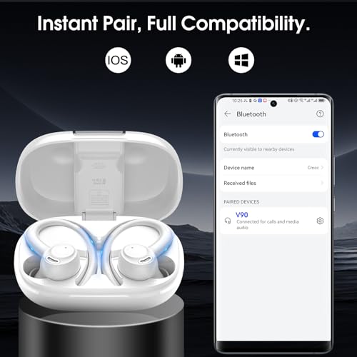 Wireless Sports Earbuds with Earhook, 48H Deep Bass/ENC Mic Ear Buds White | Wireless Earphone with LED Display, Bluetooth 5.3 Headphones In Ear, IPX7 Waterproof Over Ear Buds for Running/Workout - color: White