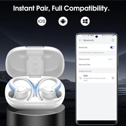 Wireless Sports Earbuds with Earhook, 48H Deep Bass/ENC Mic Ear Buds White | Wireless Earphone with LED Display, Bluetooth 5.3 Headphones In Ear, IPX7 Waterproof Over Ear Buds for Running/Workout - color: White