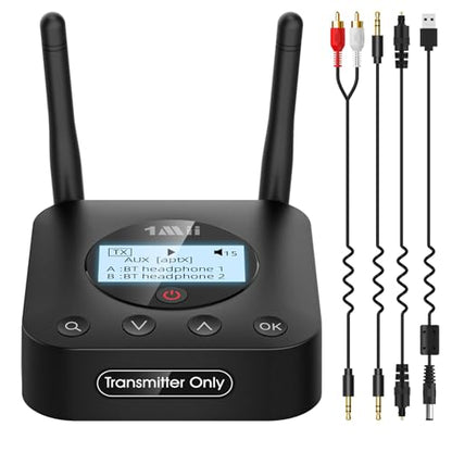 1Mii B06TX+ Long Range Bluetooth 5.3 Transmitter for TV/PC/Projector to 2 Wireless Headphones/Speakers, Bluetooth Adapter for TV w/Screen Display, Plug n Play, aptX Low Latency & Adaptive & HD Audio - color: black